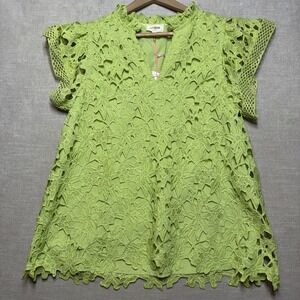 Umgee Lace Flutter Sleeve V Neck Tunic Top Green Women's Size M‎ Boho Floral